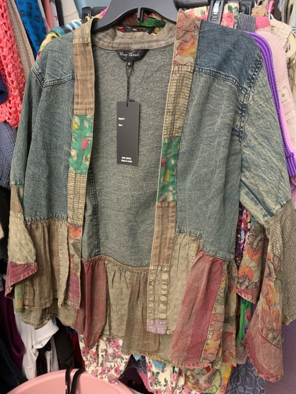 Young Threads “The Liv” Denim Boho Patchwork Olive/Multicolored Kimono Jacket S - Picture 3 of 4